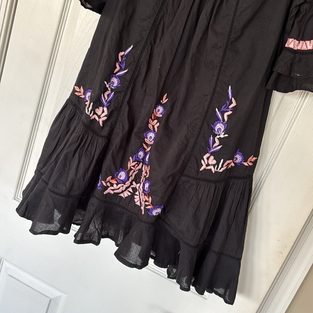 Free People Black Boho Ruffle Pavlo Mini Dress Orange Purple Floral Embroidery - Picture 4 of 16